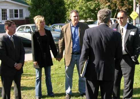 Chris greets some of his supporters from Kendall County as they arrive for the campaign Kickoff:  John Wyeth, Lisa and Keith Wheeler, and Kendall County State`s Attorney Eric Weis.
